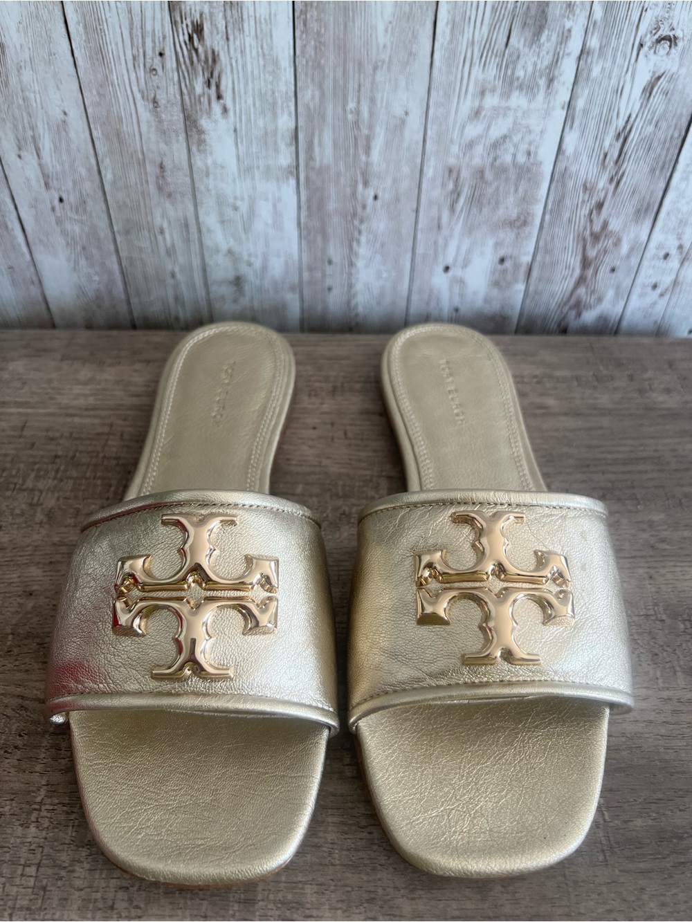 Tory Burch Eleanor Metallic Gold Logo Slide Sandals NEW Size 6.5